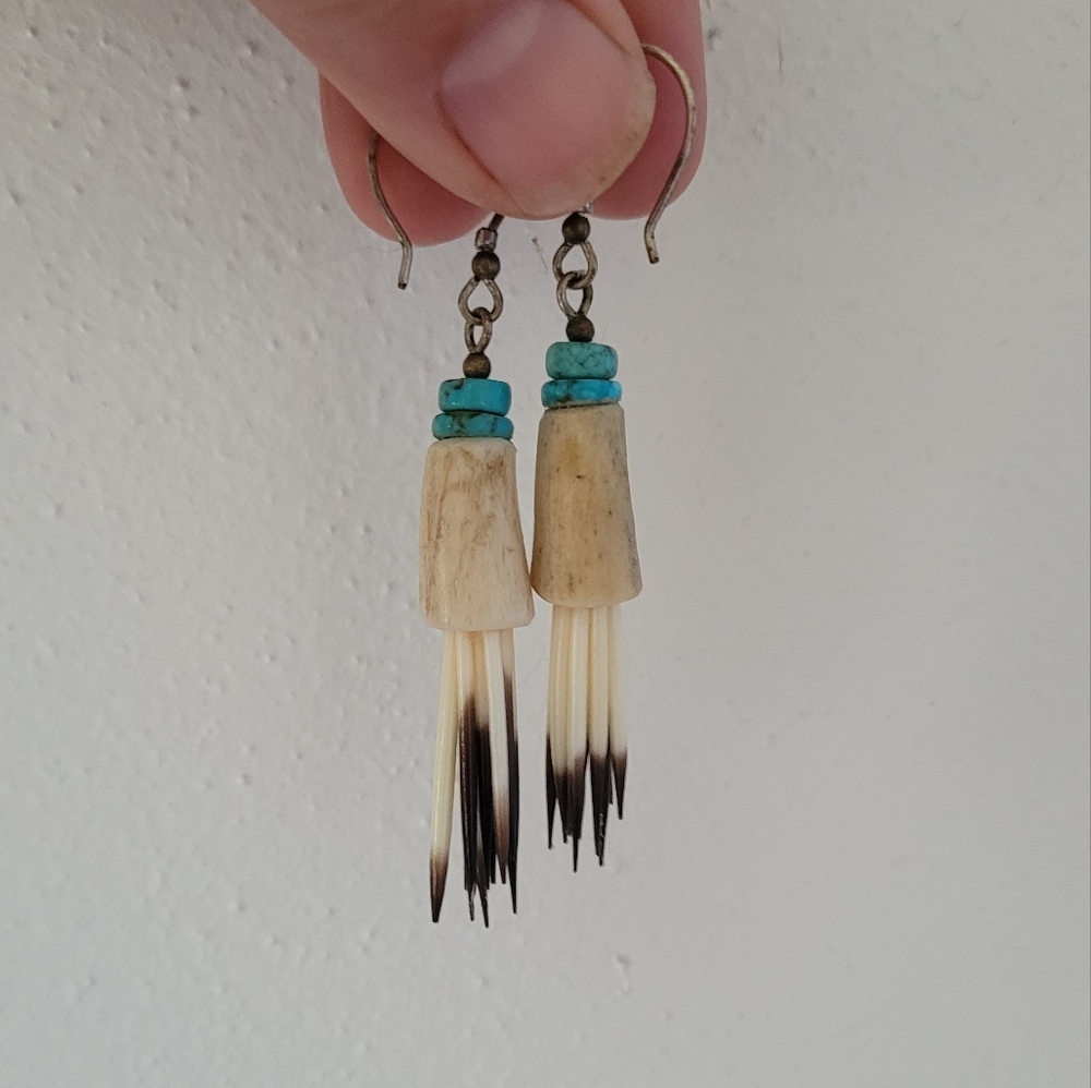 Handmade western earrings. (Turquoise,  antler, porcupine quill)